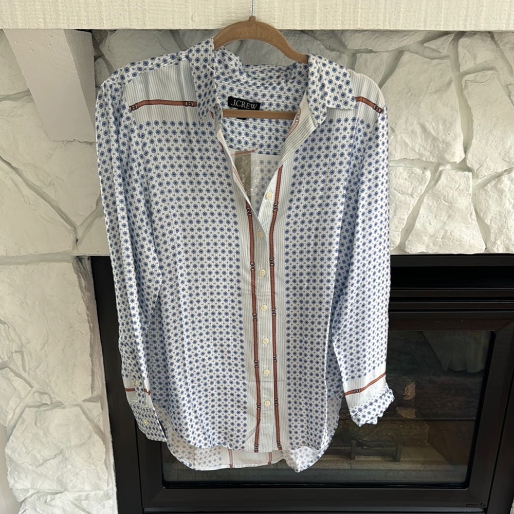 J. Crew Blue and White silk Button Down Shirt